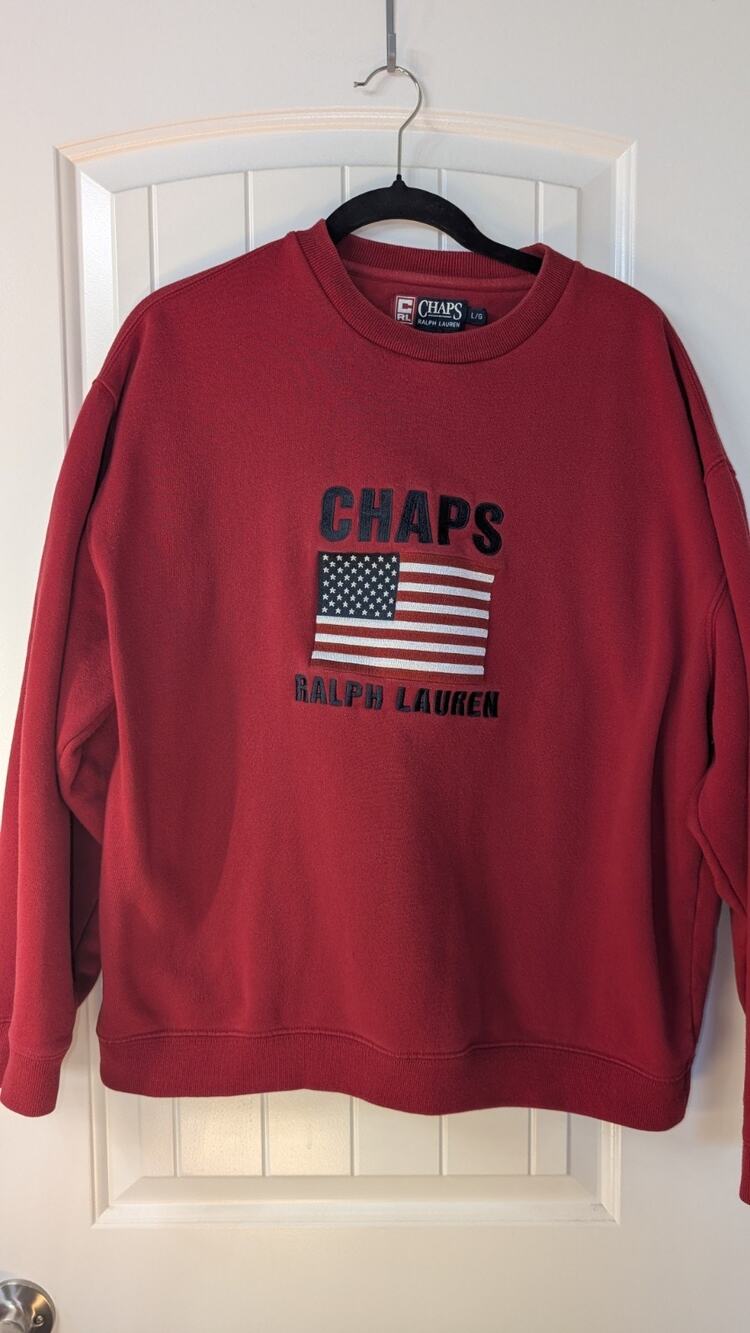 Vtg CHAPS Ralph Lauren Red Embroidered Flag Sweatshirt Men's L Large